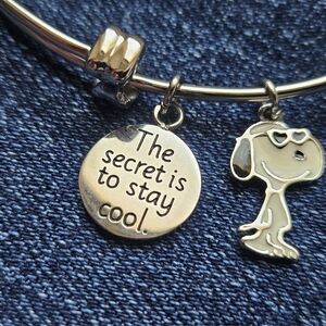 Silver Adjustable Bracelet with Snoopy and Woodstock/Quote Charms